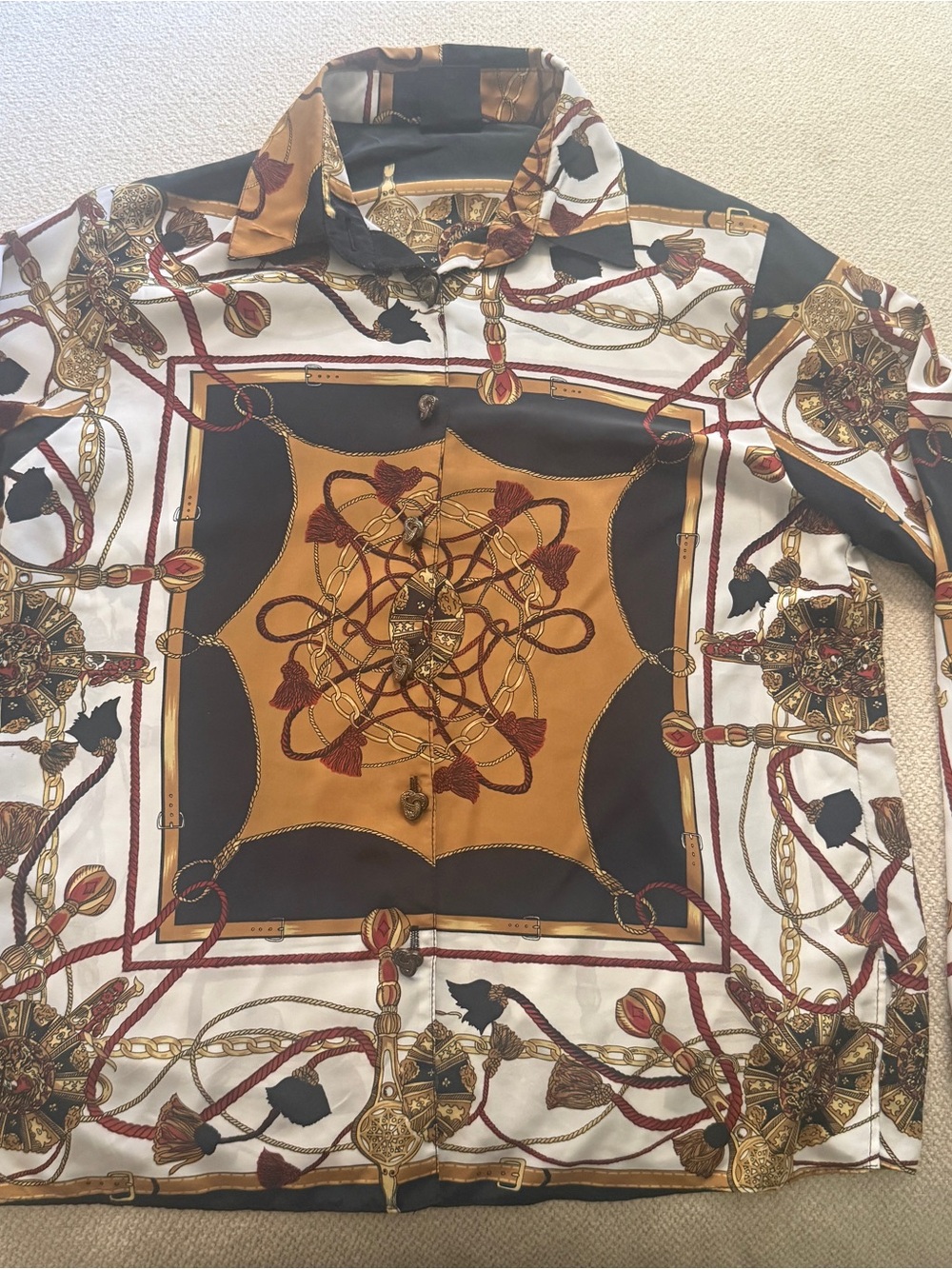 Your Sixth Sense Vintage Satin Scarf Print Button Up Blouse